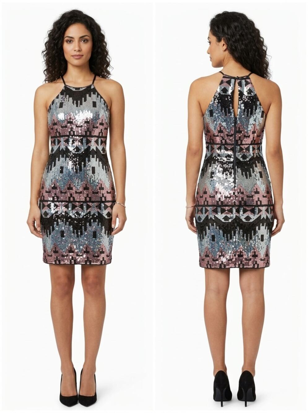 My Michelle Sequin Geometric Halter Neck Bodycon Dress Women Size 5
